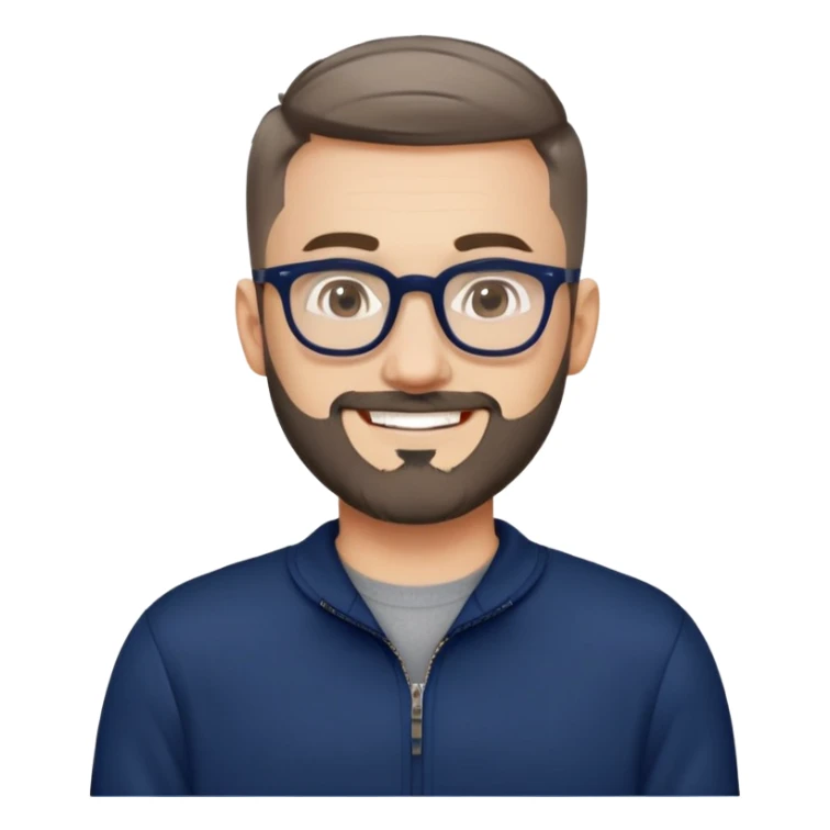 Fair-skinned man with oval face, extremely short tight haircut (very short on top, skin fade on sides), short salt and pepper beard, large black-framed glasses, smiling, wider body type, wearing navy blue long sleeve zip sweatshirt sticker