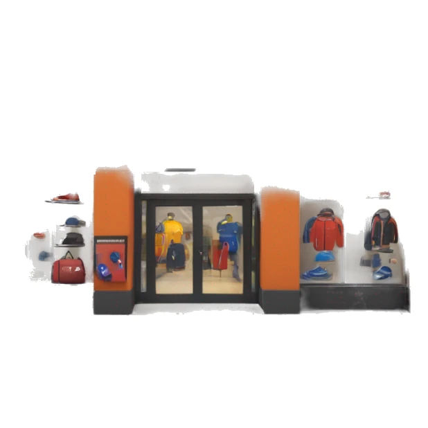 “Sports store exterior with a sleek design, large windows displaying athletic gear, bold signage, and an inviting entrance with modern doors.” sticker
