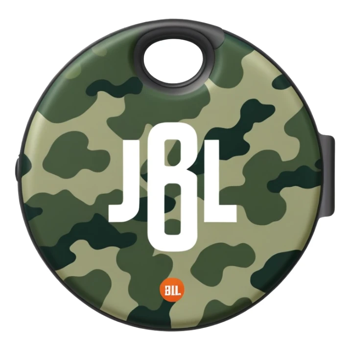 Most minimal JBL Clip 4 possible, flat circular design with clip, abstract green camo pattern, distinct JBL branding, iOS emoji style sticker