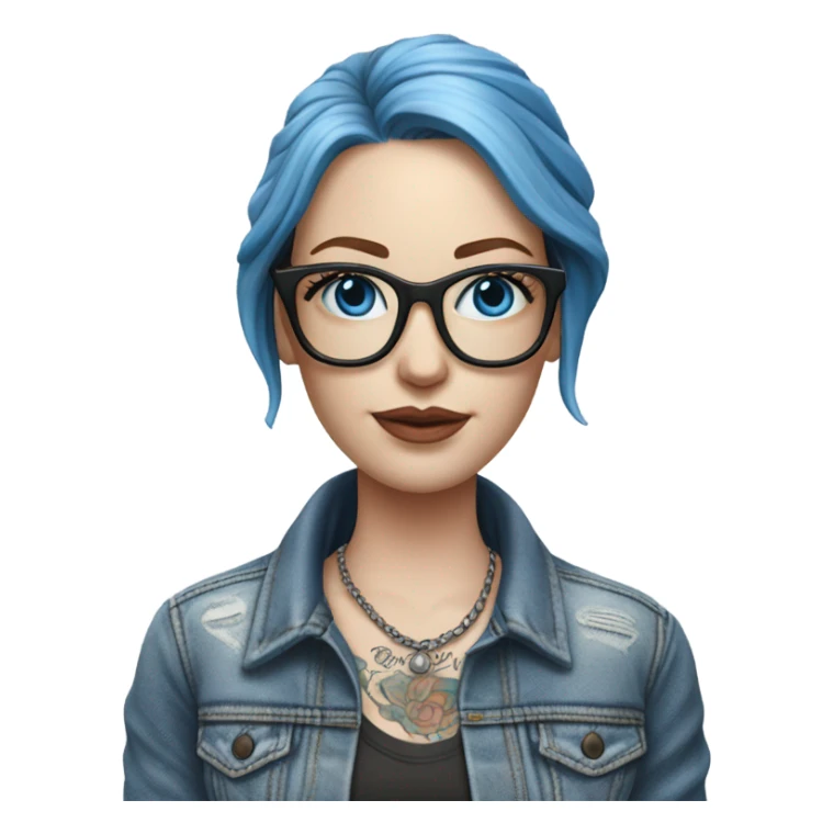 Create a Hyper Realistic pale beautiful tattooed 3D woman with glasses and blue eyes wearing denim jacket sticker