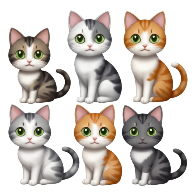 6 different coloured small cats including a dark grey and white, and a patchy calico, and a brown tabby and white,  and a completely solid dark grey with green eyes and only white paws sticker