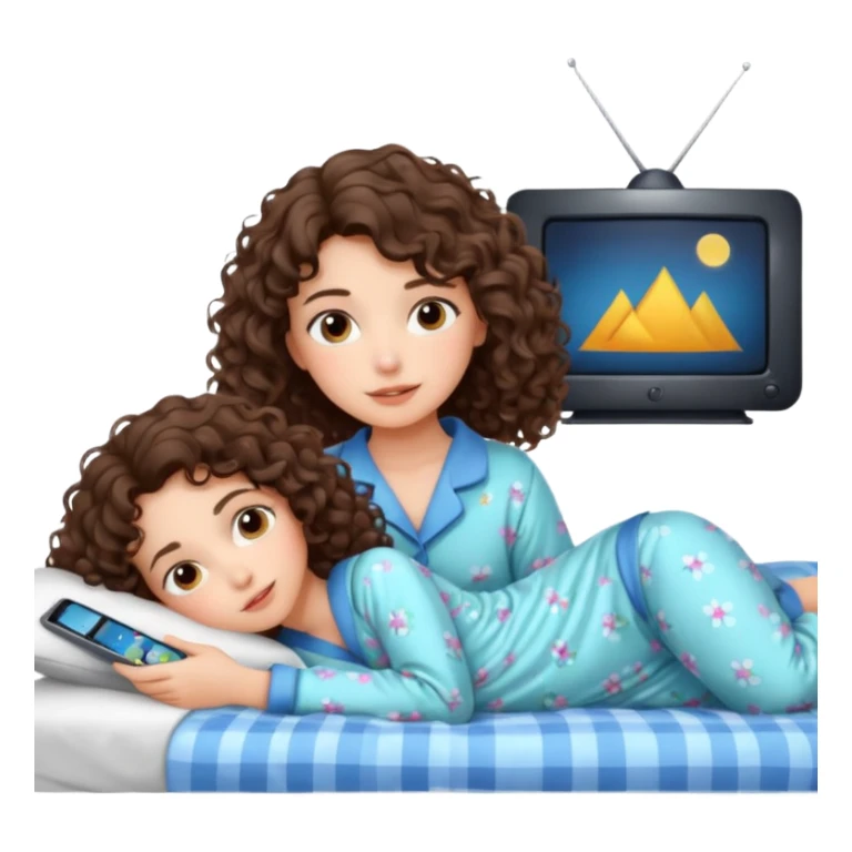 Draw a brunette girl with shoulder-length curly hair, lying on the bed watching TV.  sticker
