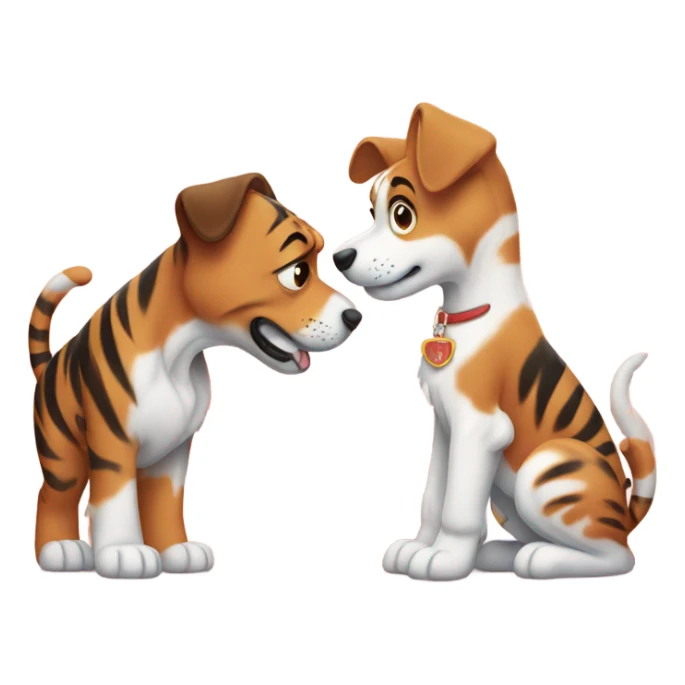 A dog Tiger surrenders to a puppy. sticker