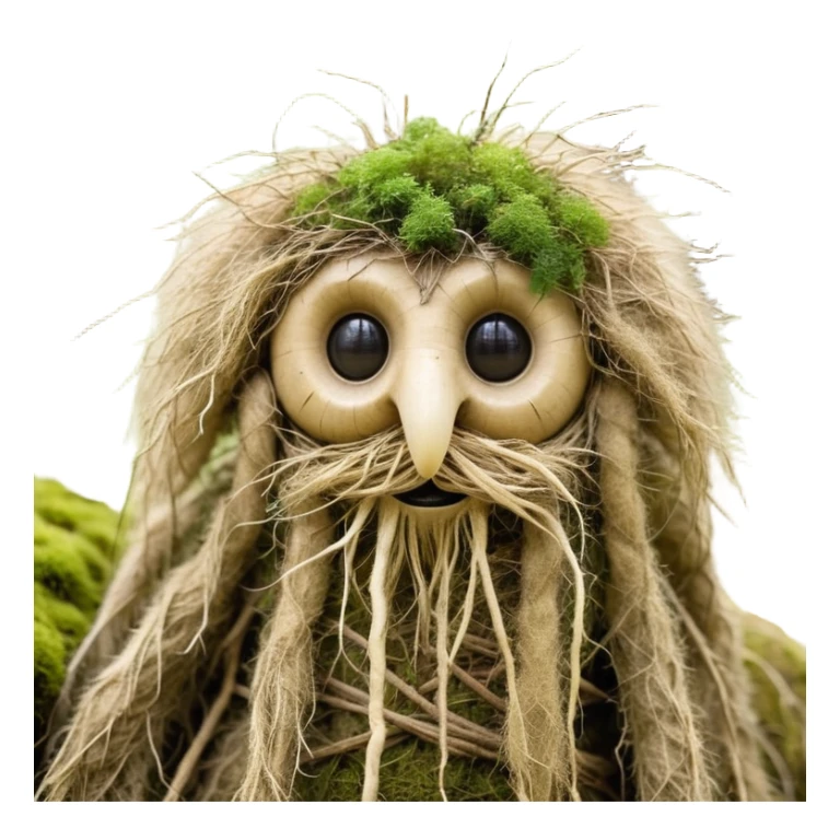 A mystical Slavic forest creature named "Lepetun", with fluffy, tangled fur like old hay, large uneven eyes made of straw and resin, a wide, crooked smile stitched like burlap, long root-like fingers, and a body shaped like a shriveled turnip. He wears tattered pieces of linen and bark, with moss growing on his back. The style is folklore-inspired, slightly grotesque but cute, highly textured, illustrated with soft lighting and muted autumn tones. Background: misty woods or old wooden hut. Expression: confused, rambling, friendly yet unsettling. Artistic style: painterly, digital illustration with traditional etching feel. sticker