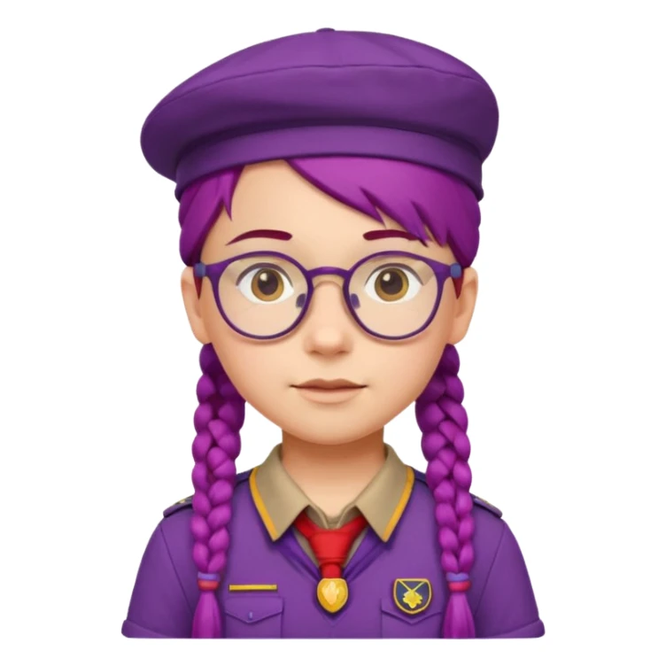 red uniform wearing scout kid with braids and glassess with hat purple haired sticker