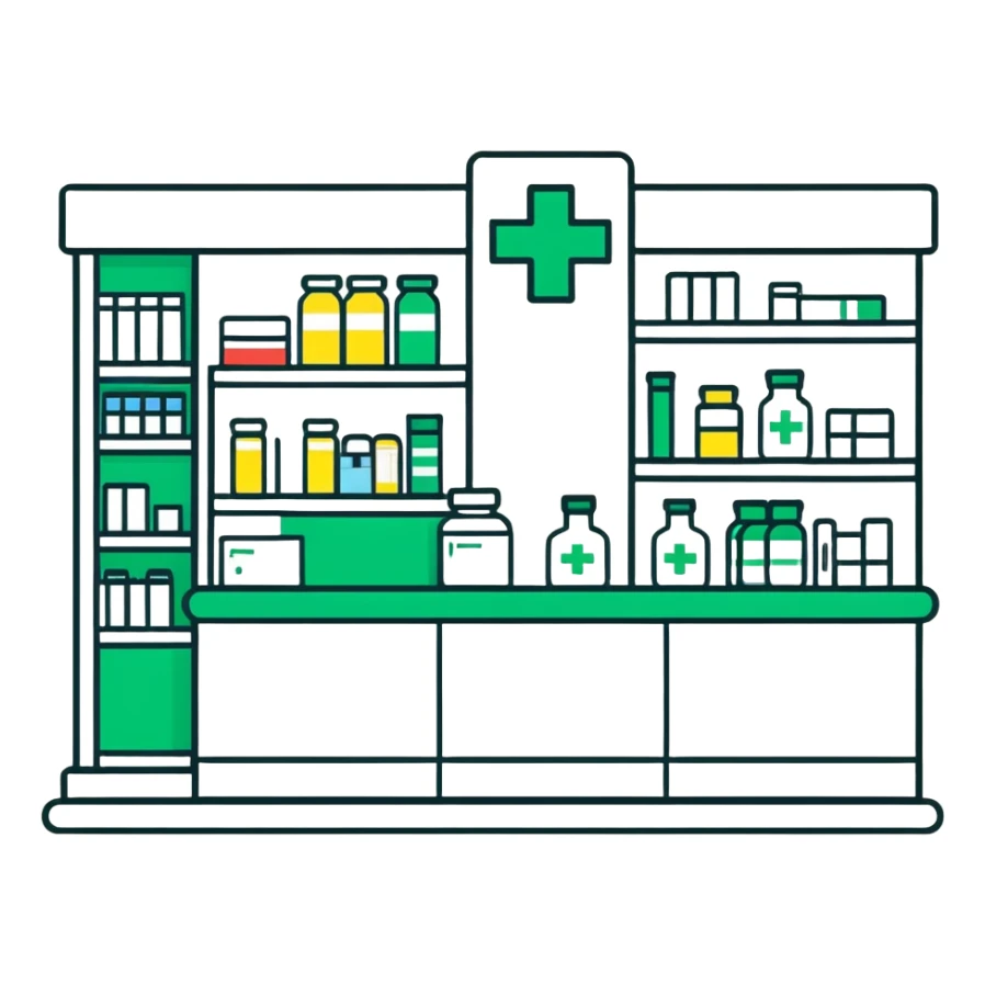 pharmacy shelves, pharmacist, green cross sign sticker