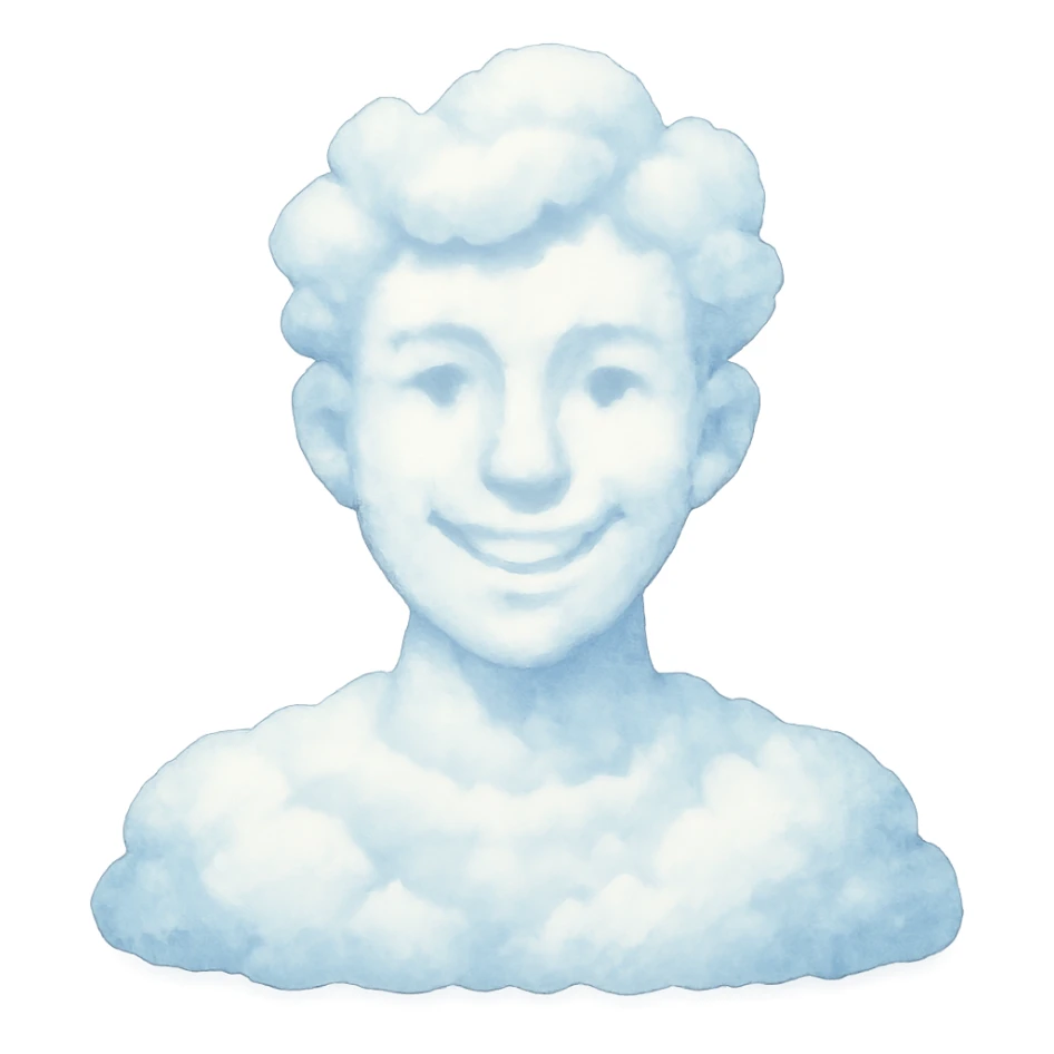 a bright and recognizable person from shoulders up, front view, composed of cloud shapes similar to the reference clouds, no text sticker