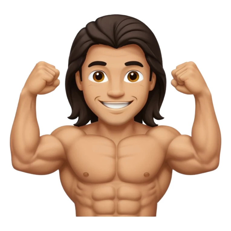 muscled happy guy showing biceps, long dark hair sticker