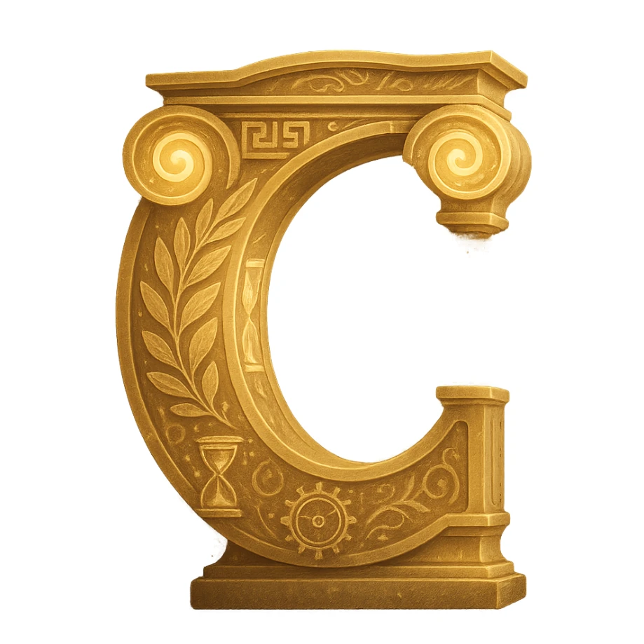 letter C designed to look like a Greek temple column, with subtle godly motifs and a mystical aura, referencing Chronos, only the letter C sticker