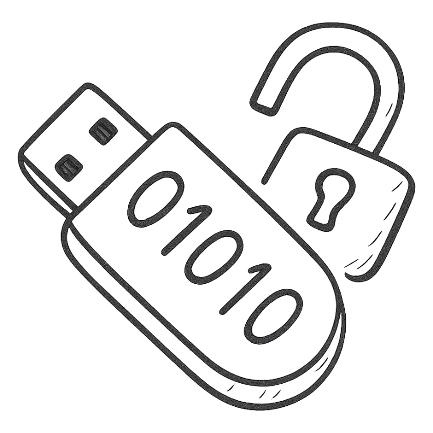 hand-drawn outlined icon of a USB drive and broken lock merged, tilted down-left, transparent, gray and black, with 1s and 0s inside sticker