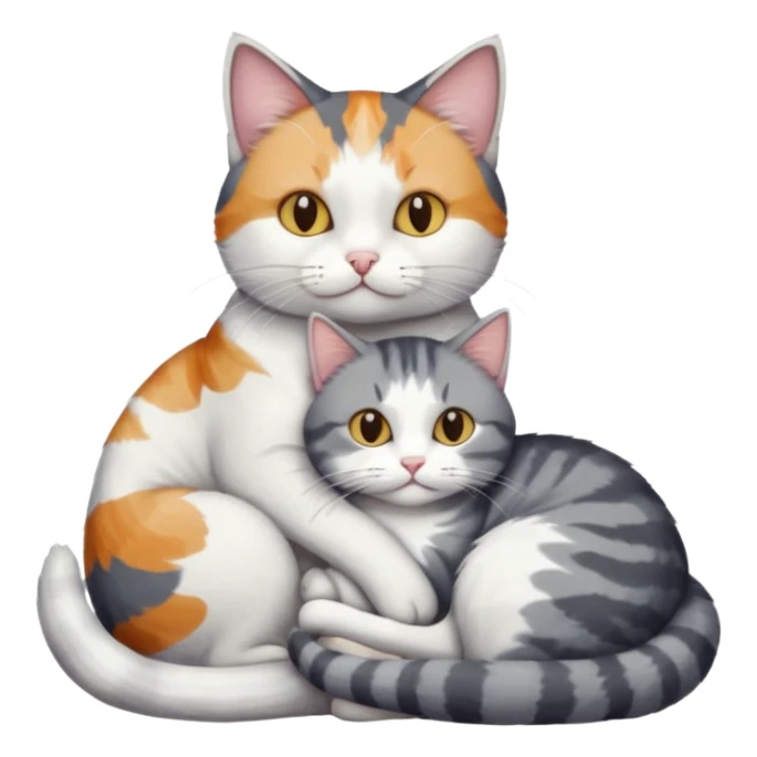 full body colourful light patched calico + white tabby cat cuddling a grey and white cat  sticker