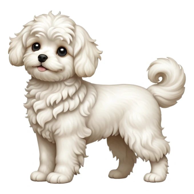 detailed-[curly haired maltese-dog]-realistic-full-body-sitting-emoji,-tail-resting-loosely-beside-its-paws,-head-tilted-dramatically,--wavy-[cream-white]-fur,-simplified-yet-realistic-focused-features,-highly-detailed,-glowing-with-an-almost-sarcastic sticker