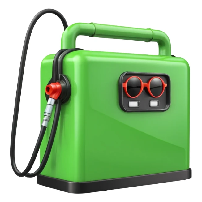 A 3D render of a green rectangular fuel pump as an inanimate object, with black sunglasses placed on its upper front panel. No face, no eyes, no character features, no anthropomorphism. Industrial product style. Clean lighting. Isolated on transparent background. sticker