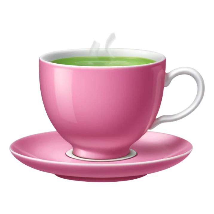 dark pink teacup filled with green tea, placed on a matching pink saucer, with gentle steam rising from the cup.  sticker