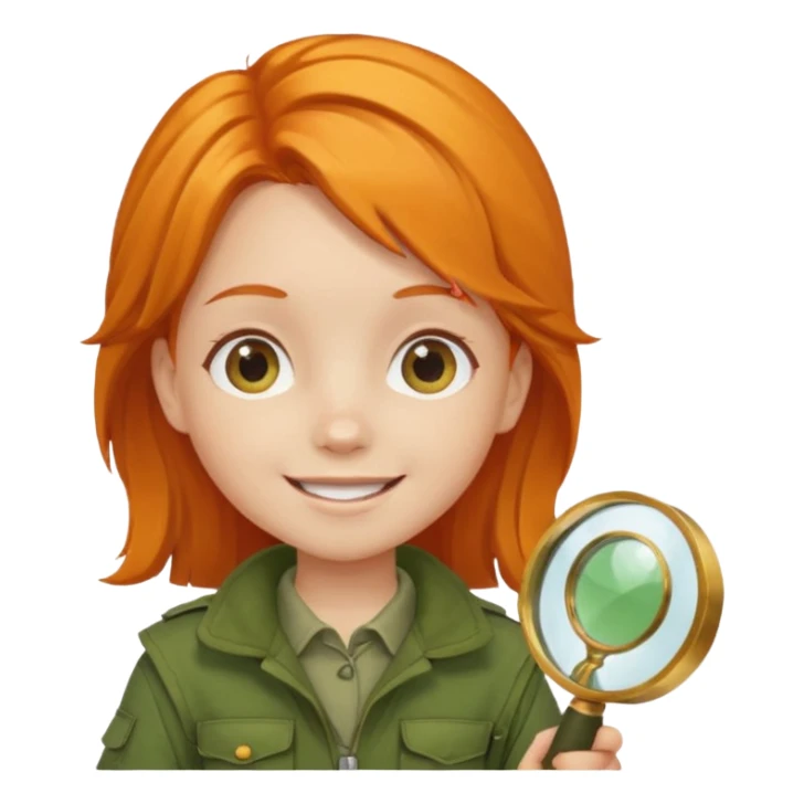 braid orange haired girl kid in moss green explorer outfit, holding magnifying glass, smile sticker