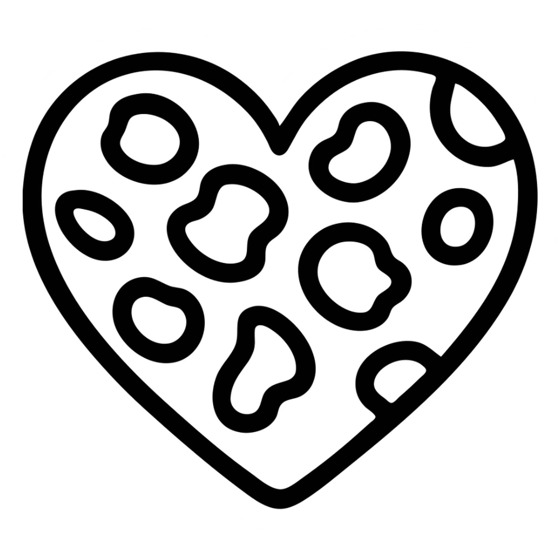 Leopard print heart icon in outline style, with a less precise and more organic heart shape, no background. sticker