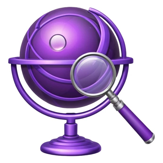 Minimal purple icon: a planet with connecting lines and a magnifying glass. Glossy, transparent background. sticker