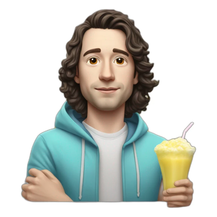 Bighead josh brener from silicon valley in hoodie, holding a pina colada,, hyper realistic sticker