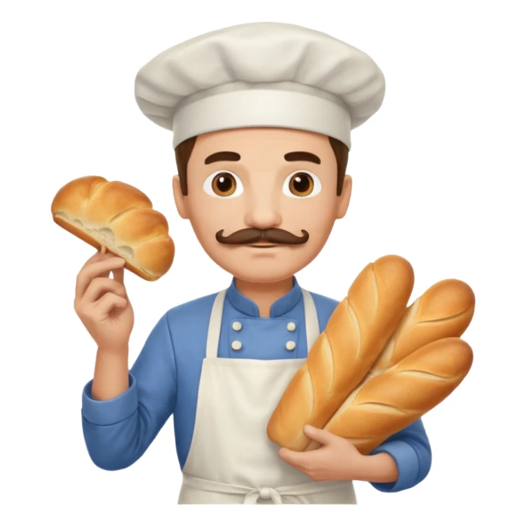 Middle aged male pastry chef - with a mustache, apron, white hat, holding bread sticker