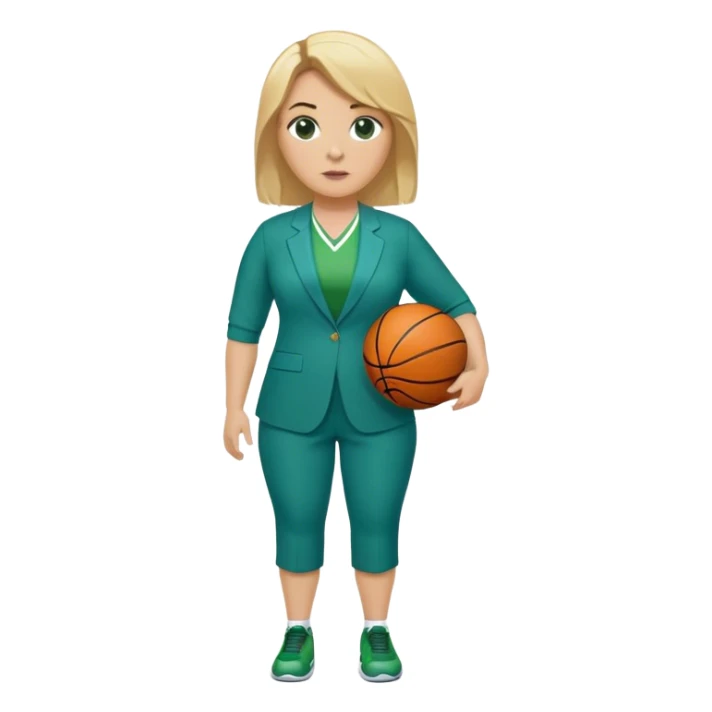 Full Body white plus size female basketball head coach using a clipboard with medium length blonde hair in a blue and green suit sticker