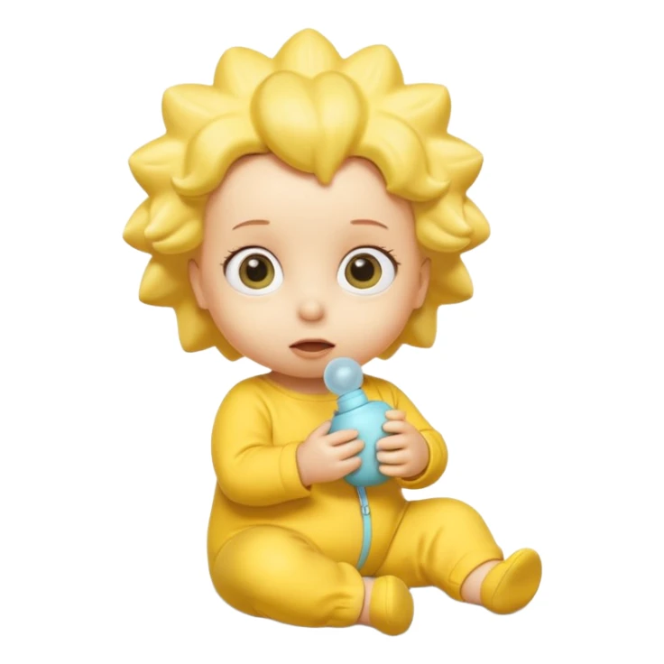 A 3D cartoon baby character entirely yellow, styled like Maggie Simpson, with pacifier, yellow onesie, big eyes, smooth shading, Memoji-style rendering, consistent with other yellow Simpsons characters. sticker