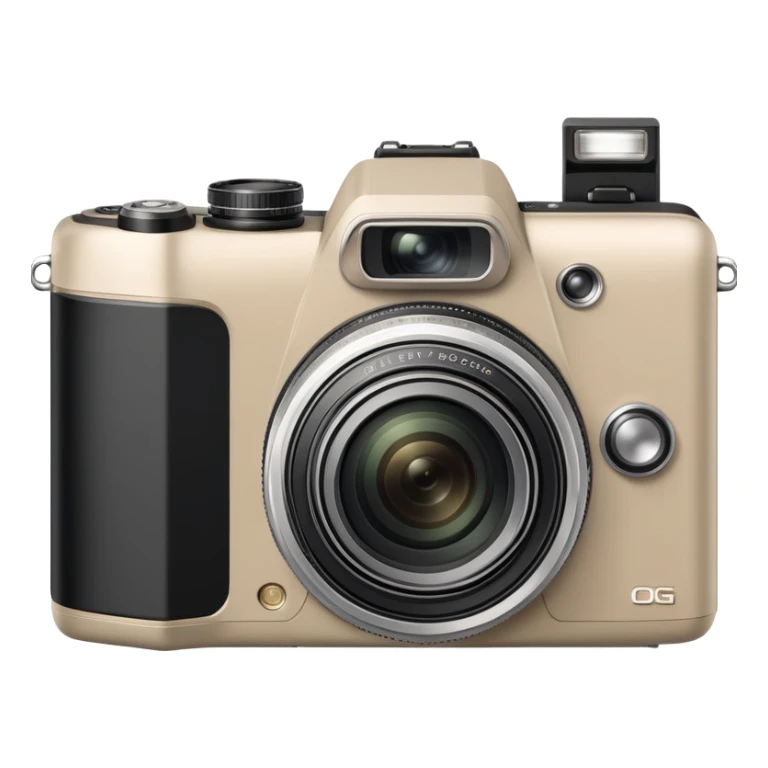 Ultra minimal Olympus Superzoom 70G camera, grayish-beige color, just basic rectangular shape with a tiny circle for lens, absolute minimum details sticker