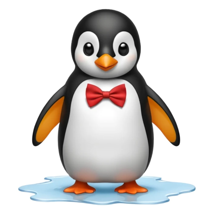 penguin, red bow tie, standing on small ice melting sticker