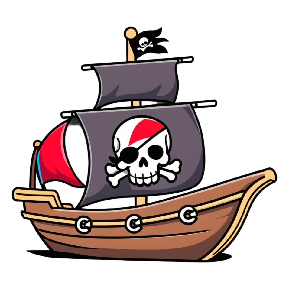 A pirate ship sailing on the open sea, with a skull and crossbones flag flying high, and pirates wearing bandanas and eye patches sticker