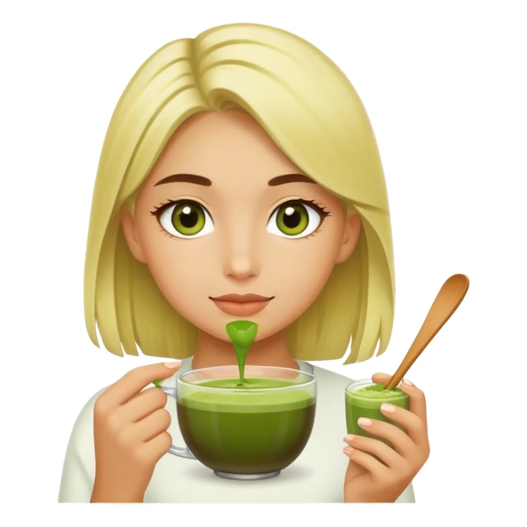 a blondie girl with olive eyes enjoying her matcha sticker