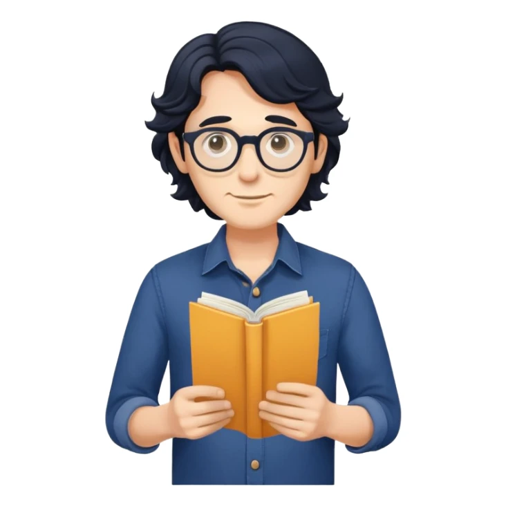 Man with longer wavy black hair, round glasses, dark blue buttoned shirt, holding program booklet for a play sticker
