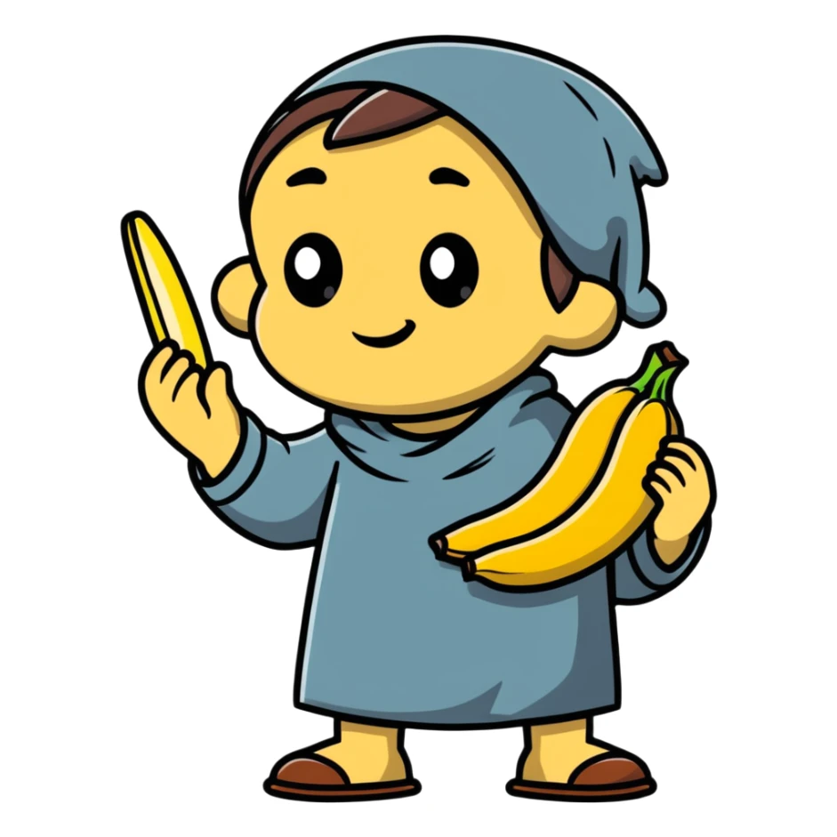 a beggar holding a chocobanana, looking hopeful sticker