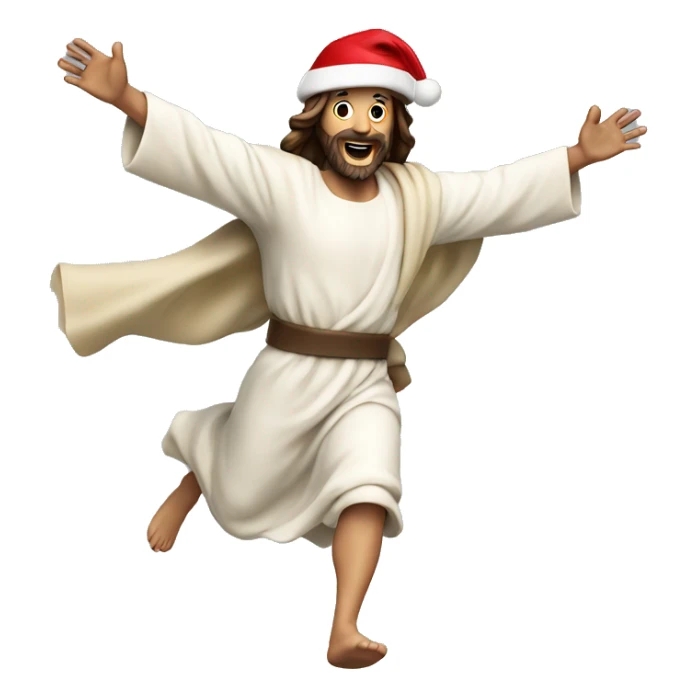 Jesus running, with a large stride and arms outstretched, santa hat sticker