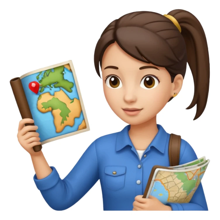 tourist brunette woman with ponytail holding map sticker