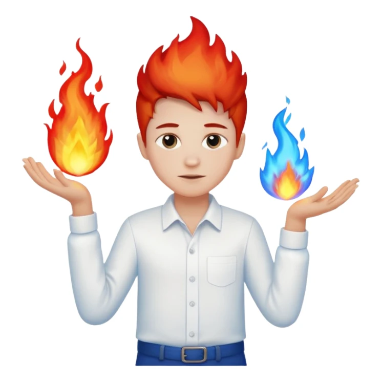 A boy with no hands fire instead made out of red fire and blue fire on a white shirt that the boy is wearing  sticker