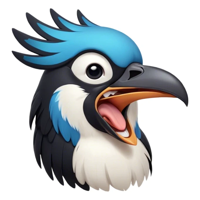 Cinematic Cute Yawning Magpie Portrait Emoji, Head tilted slightly with a dramatic, wide-open yawn, showcasing a sleek, contrasting feathered form with softly drooping wings and sleepy, half-closed eyes, Simplified yet irresistibly adorable features, highly detailed, glowing with a soft, cozy urban glow, high shine, relaxed yet expressive, stylized with a dash of whimsical charm, soft glowing outline, capturing the essence of a drowsy yet affectionate magpie that appears ready to stretch out for a nap! sticker