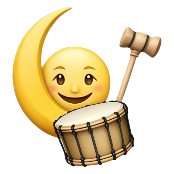 smiling crescent moon with drum and mallet symbolizing sahur time sticker