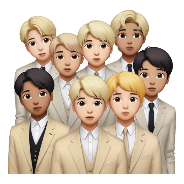 Cinematic Realistic group portrait of BTS featuring all 7 members in stylish modern attire, with detailed facial expressions and vibrant colors, captured in dynamic, contemporary lighting that emphasizes their global pop icon status sticker