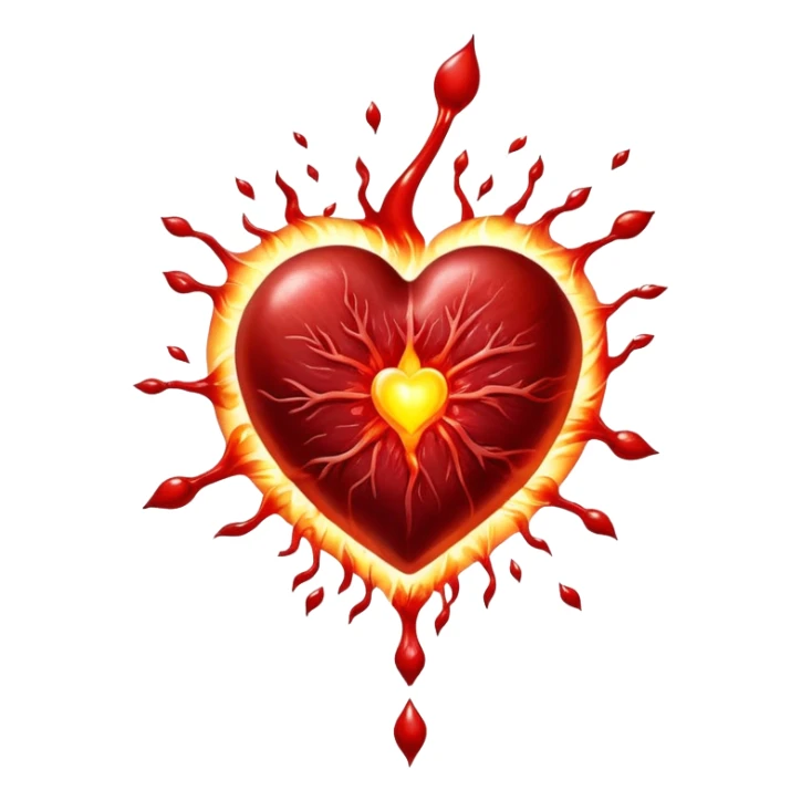 Glowing pieces of red meat floating around a red blood cell that shines brightly like a torch. Streams of light connect the blood cell to a heart and muscles, showing how heme iron creates energy and vitality throughout the body. sticker