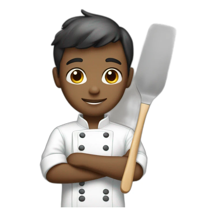 Boy with blue eyes in chef outfit holding a spatula sticker