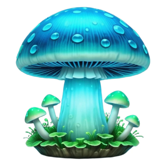 3D render of Glowing Mushroom, bioluminescent deep sea style, glowing neon blue and green lights, dark background to contrast the glow, translucent organic textures. sticker