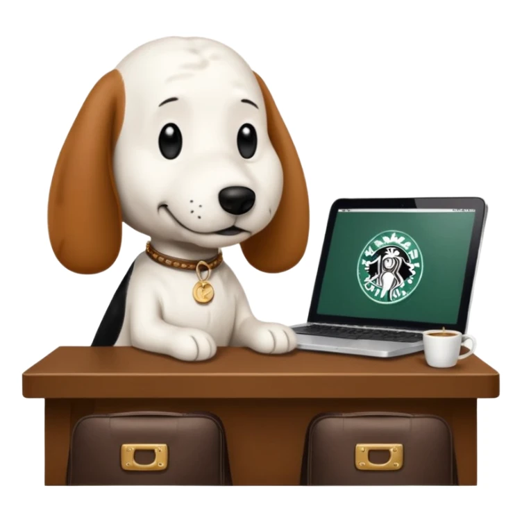 snoopy in a desk with starbucks and his chanel purse sticker