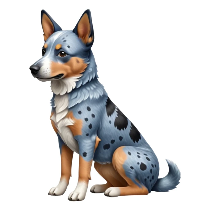 cinematic-[australian catle dog]-realistic-full-body-sitting-emoji,-tail-resting-loosely-beside-its-paws,-head-tilted-dramatically,-sleek-[vibrant-blue-speckle-fur]-fur,-simplified-yet-realistic-focused-features,-highly-detailed,-glowing-with-an-almost-sarcastic-glow sticker