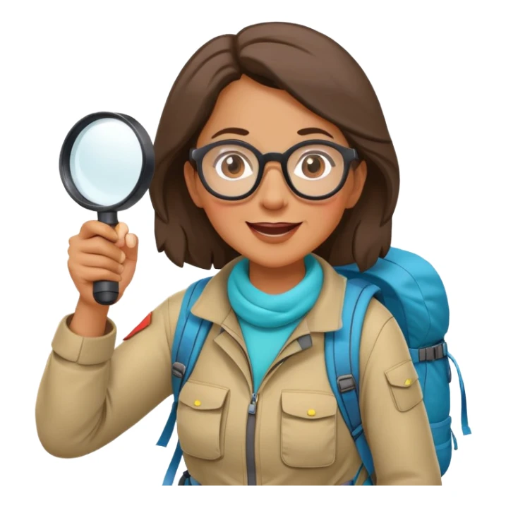 Middle-aged woman explorer with glasses in bright hiking gear and backpack, excitedly holding magnifying glass sticker