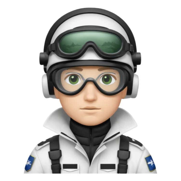A Finnish modern soldier in a white snow uniform. with black night vision goggles sticker