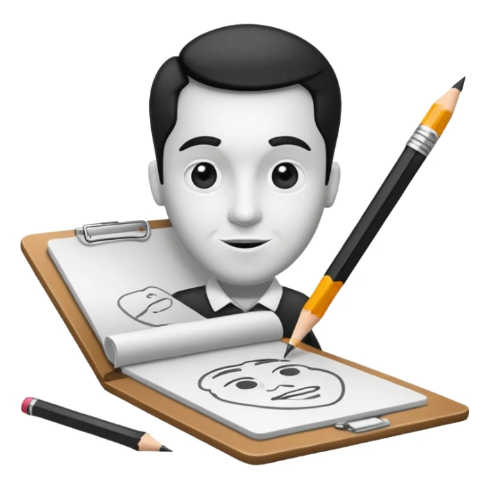 Create an icon representing the process of creating a black-and-white caricature. Include a pencil, a sketchpad with a humorous, exaggerated figure, and inking tools. Use bold lines and shading, with a transparent background. sticker