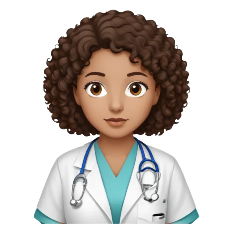 mulher com cabelo cacheado castanho escuro, pele marrom médio, olhos castanhos escuros, usando jaleco hospitalar, sem estetoscópio sticker