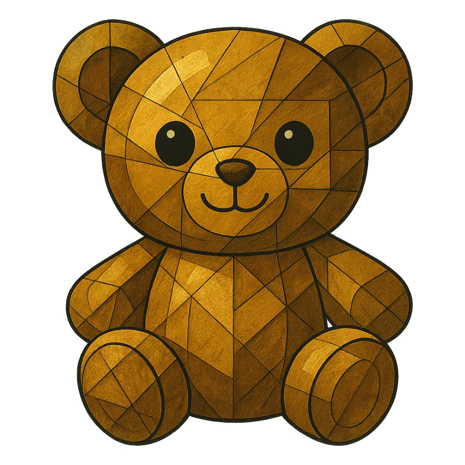 Make the gold cubist abstraction teddy bear cuter with a rounder face, bigger eyes, and a small smile. Keep it metallic and shiny with no background. sticker