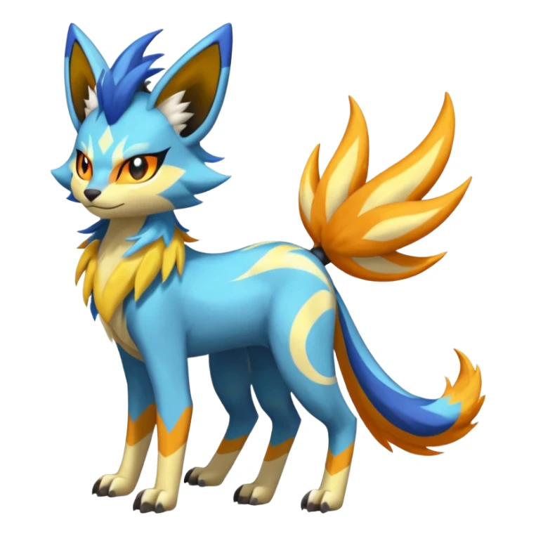 Feral Lightning-patterned Zig-zagged buzzy fuzzy Meloetta-Renamon-Zeraora-Luxray-Cobalion-Suicune-Vernid-fusion-hybrid-creature, full body  sticker