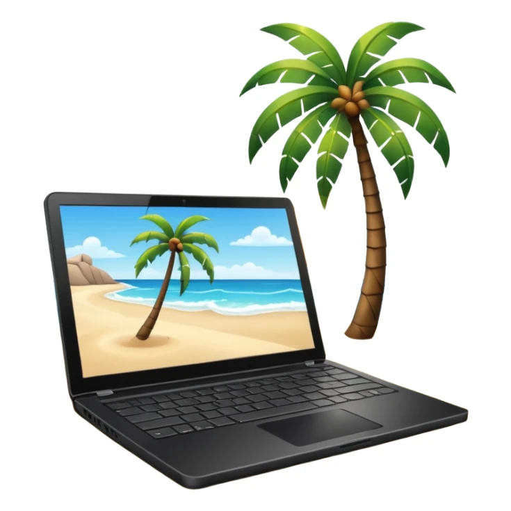 An open laptop in the foreground on the beach. Background shows sea, sun, and a palm tree. No people, no text sticker
