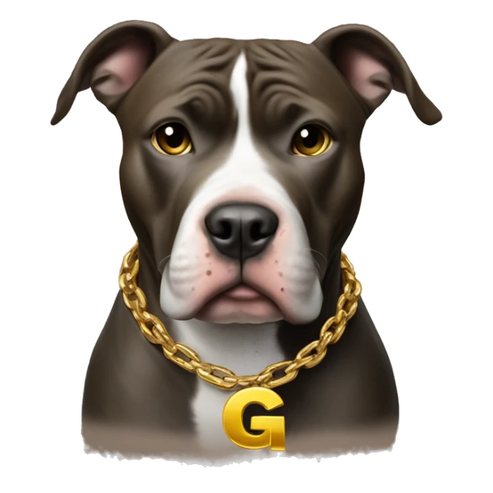 A dog pitbull with a big gold chain on that says G-UNIT sticker
